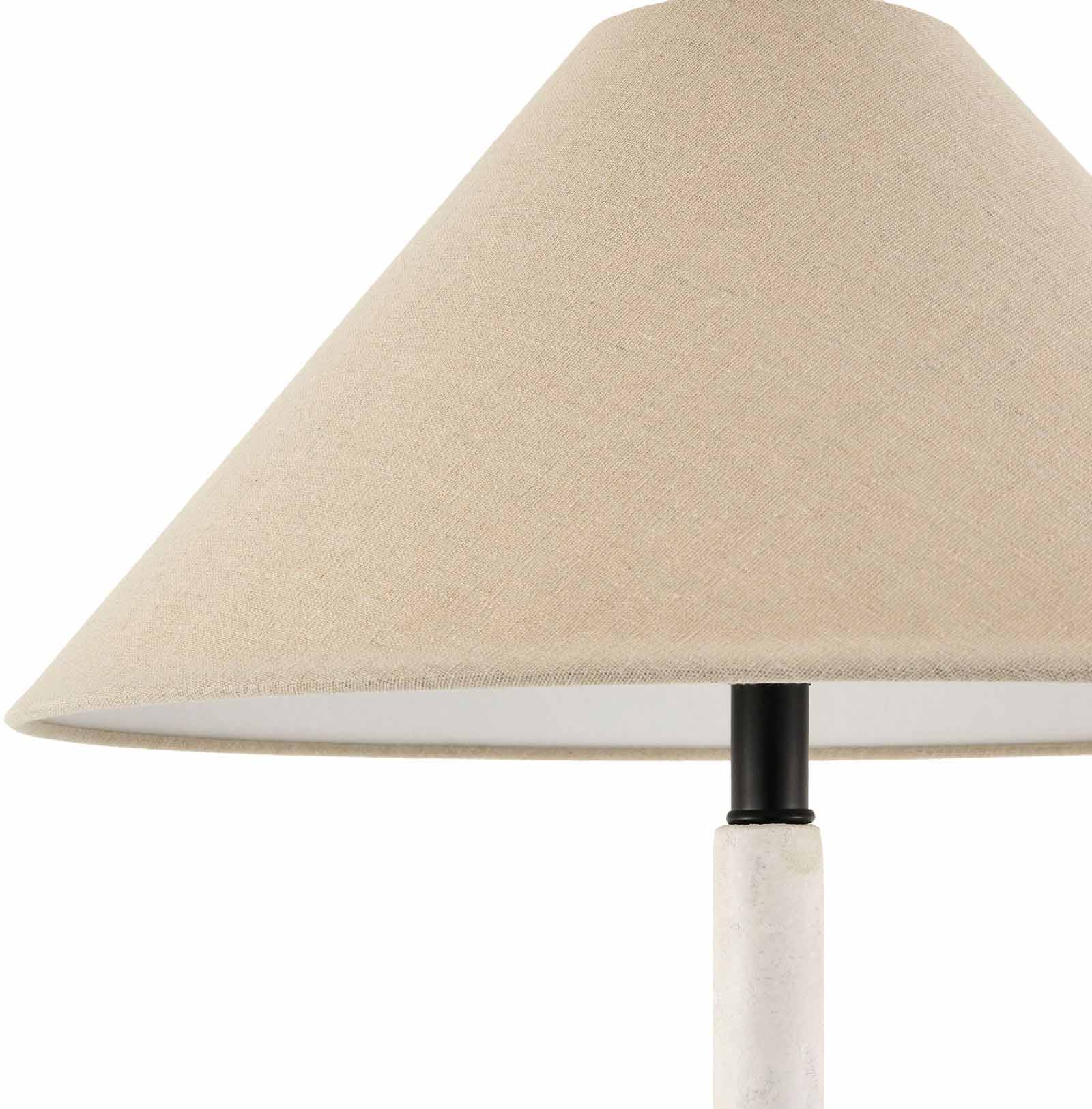 Antiqued table lamp with slender tapered silhouette and white cotton drum shade