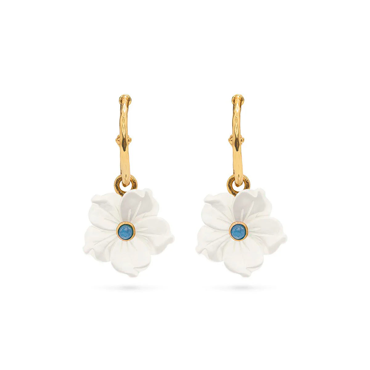 Hand-carved mother-of-pearl flower hoops in 18K gold-plated brass, glowing with movement, elegance, and seaside romance.