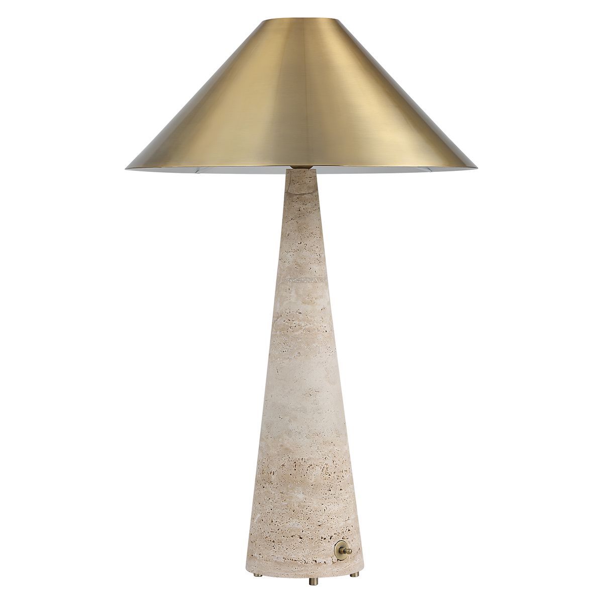 Monolith Table Lamp with honed beige travertine base and antique brass tapered shade, combining sculptural form with ambient lighting
