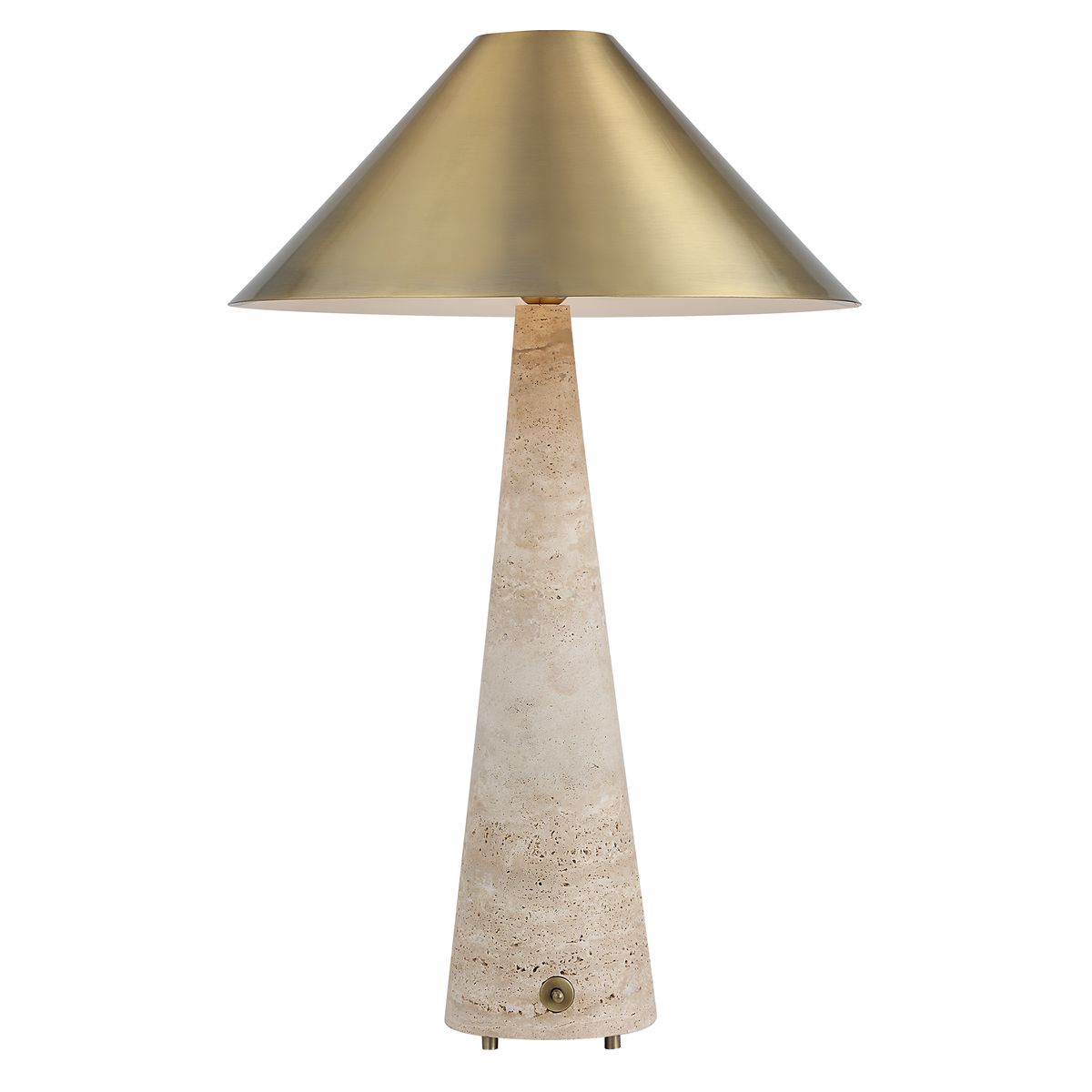 Monolith Table Lamp with honed beige travertine base and antique brass tapered shade, combining sculptural form with ambient lighting