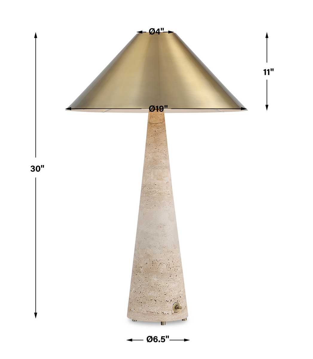 Monolith Table Lamp with honed beige travertine base and antique brass tapered shade, combining sculptural form with ambient lighting
