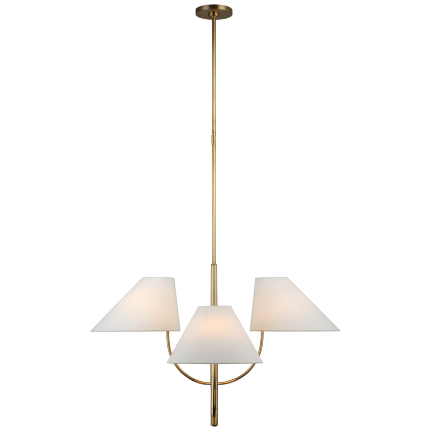 Mid-century brass chandelier with arched arms and tapered linen shades, inspired by 1940s and 1950s French and Italian design.