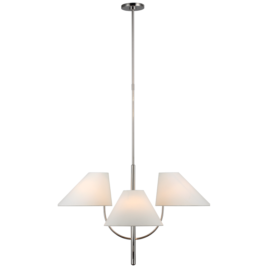 Mid-century Polished Nickel chandelier with arched arms and tapered linen shades, inspired by 1940s and 1950s French and Italian design.