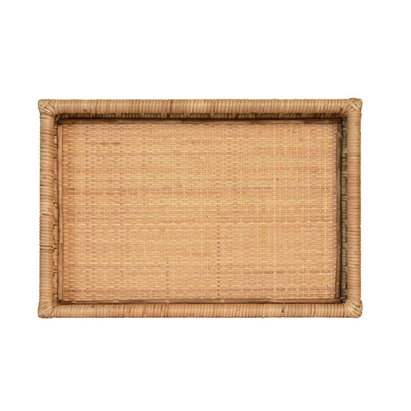 Rectangular rattan catchall tray with brass ring handles—ideal for styling coffee tables, organizing entryways, or serving drinks.