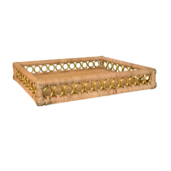 Rectangular rattan catchall tray with brass ring handles—ideal for styling coffee tables, organizing entryways, or serving drinks.