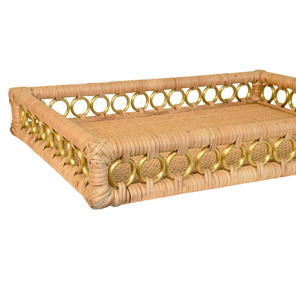 Rectangular rattan catchall tray with brass ring handles—ideal for styling coffee tables, organizing entryways, or serving drinks.
