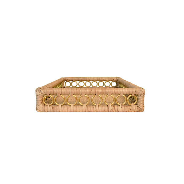 Rectangular rattan catchall tray with brass ring handles—ideal for styling coffee tables, organizing entryways, or serving drinks.