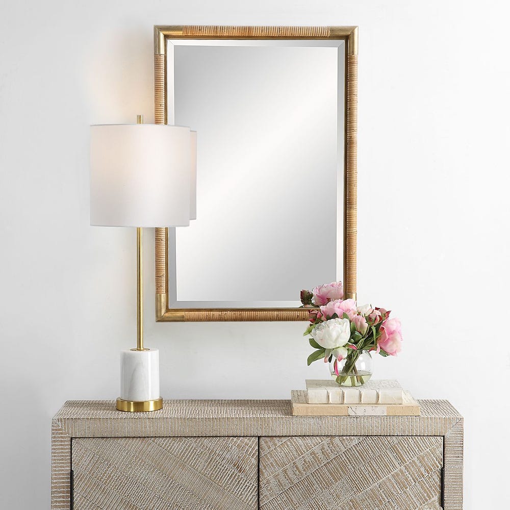 Rectangular rattan and gold framed vanity mirror with handwoven detail – Rachel Blindauer