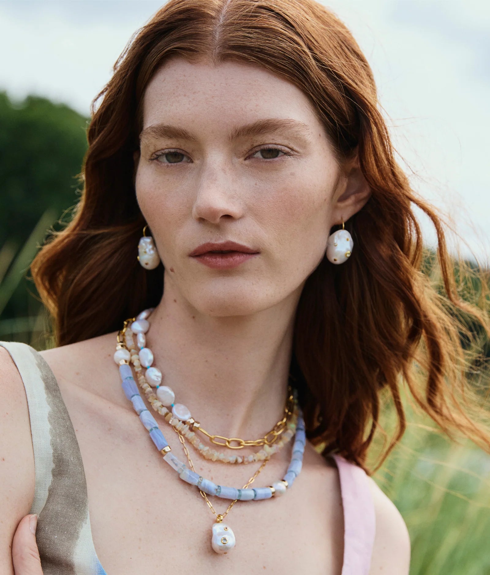 Blue lace agate and freshwater pearl strand necklace with gold-plated accents, 35-inch layering style