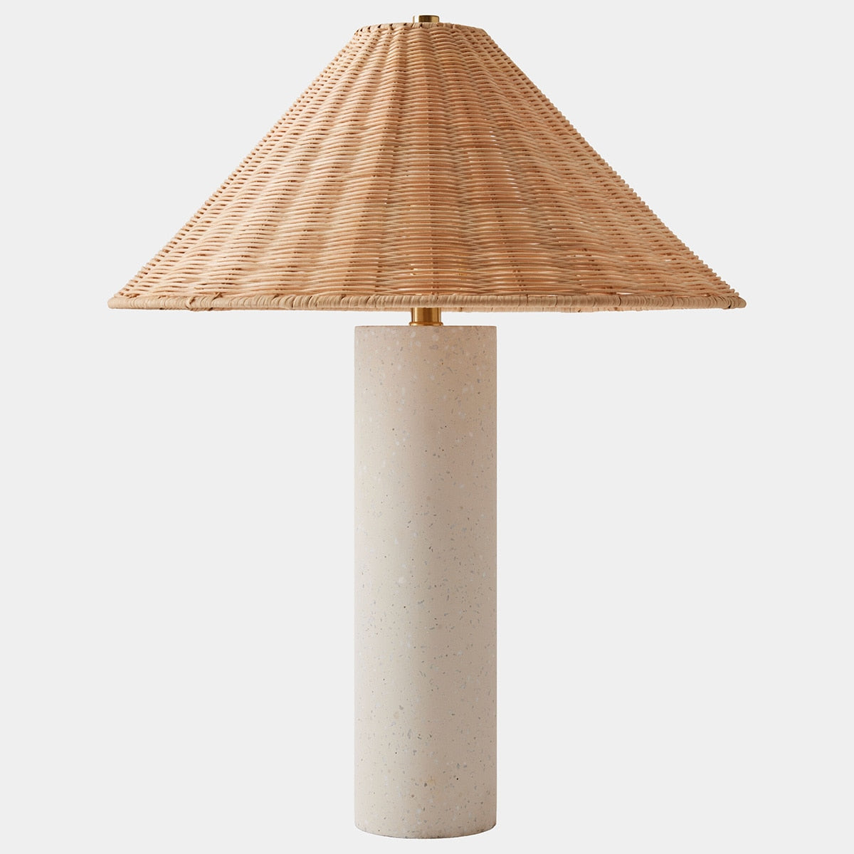 Positano Terrazzo Table Lamp — speckled terrazzo base with woven rattan shade and brass details, by Rachel Blindauer