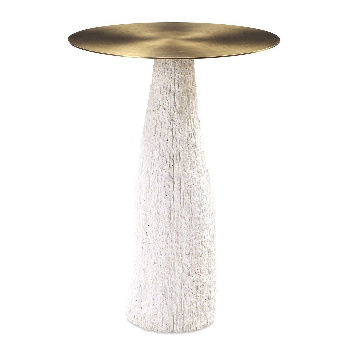 Architectural side table with textured cast stone base and brushed metal top, designed for quiet contrast and sculptural impact.