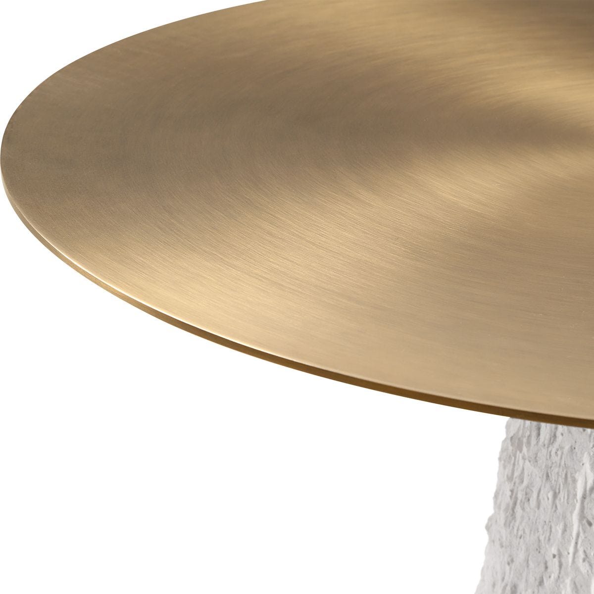 Architectural side table with textured cast stone base and brushed metal top, designed for quiet contrast and sculptural impact.