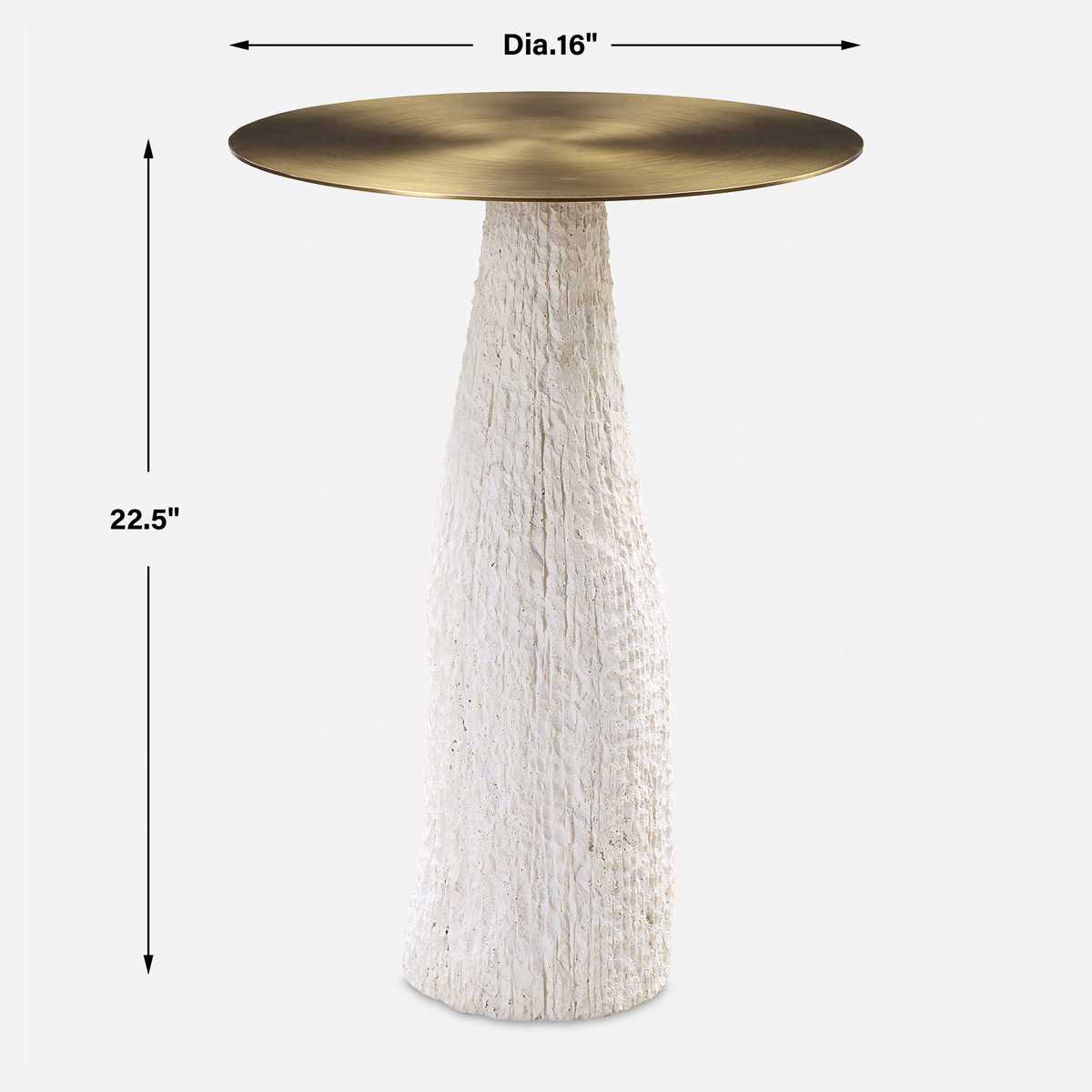 Architectural side table with textured cast stone base and brushed metal top, designed for quiet contrast and sculptural impact with dimensions