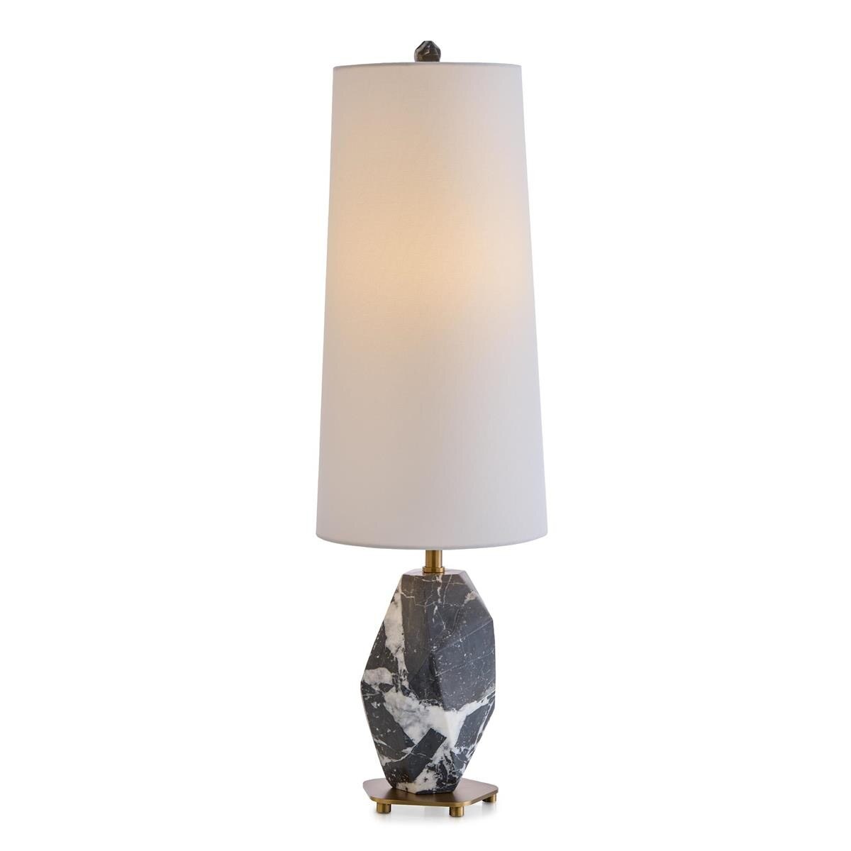 Ravine Marble Table Lamp — faceted black marble column on antique brass base with white linen shade, luxury sculptural table lamp by Rachel Blindauer