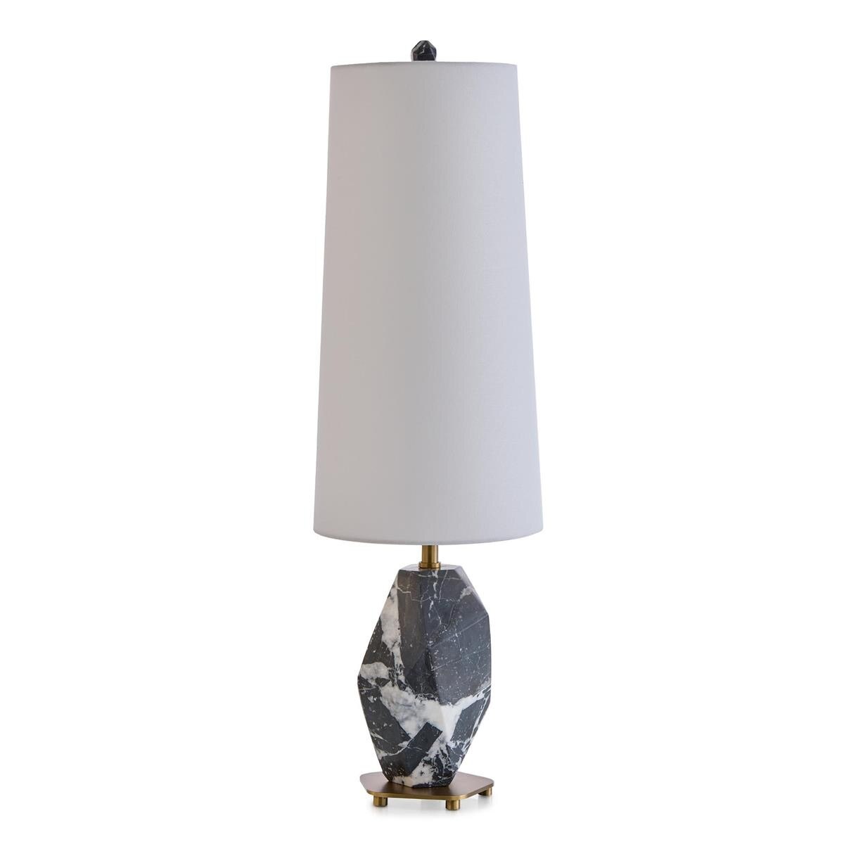 Ravine Marble Table Lamp detail — dramatically veined black marble facets and faceted marble finial, luxury lighting by Rachel Blindauer