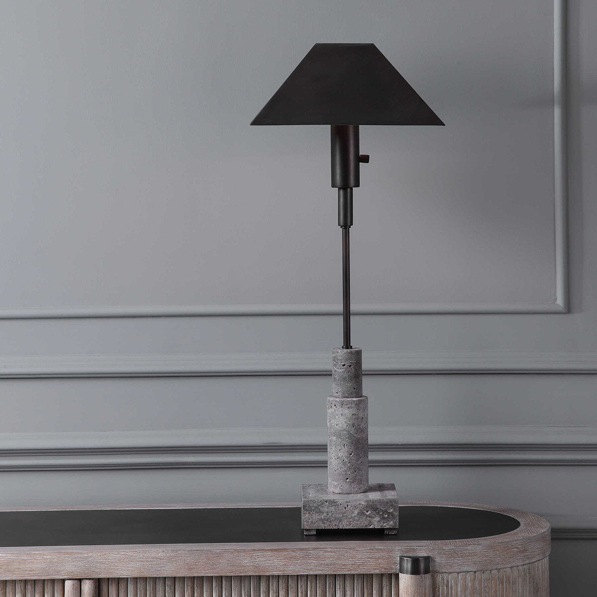 Sable Travertine Buffet Lamp lit glow view