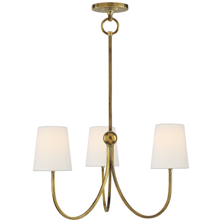 Small brass or nickel chandelier with linen shades and faceted arms, designed for entryways, dining rooms, or layered lighting.