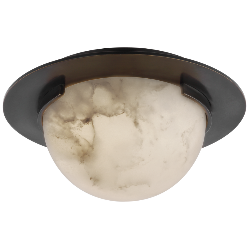Petite round alabaster flush mount ceiling light with polished brass trim, emitting soft LED glow through natural stone veining.