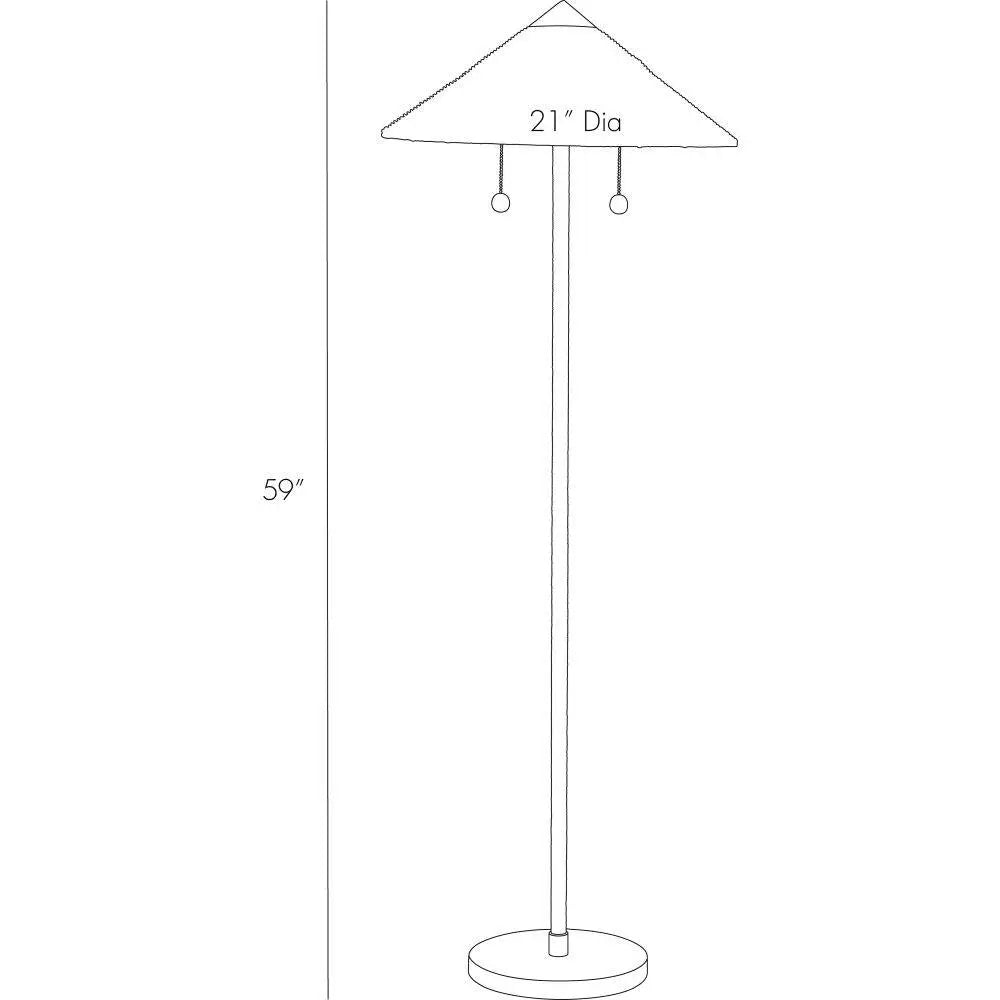 Dimensions of tall rattan floor lamp with conical shade and antique brass base—coastal-inspired lighting with dual pull chains and warm, ambient glow.