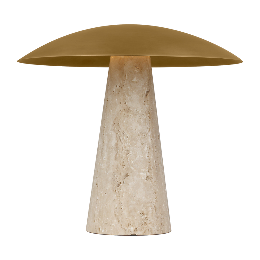 Sculptural table lamp with travertine base and brass dome shade to blend natural elegance with warm light.