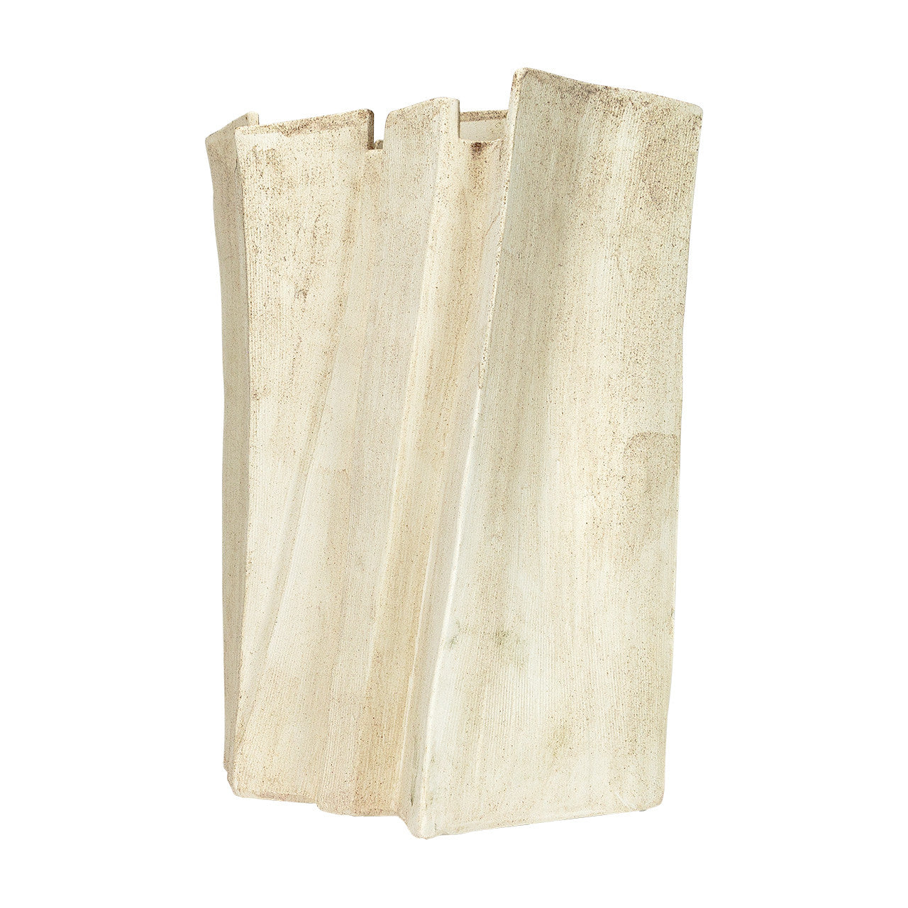 Modern sculptural vase in matte beige porcelain with folded ridges and rectangular form, styled as a standalone accent or with dried branches in minimalist interiors.