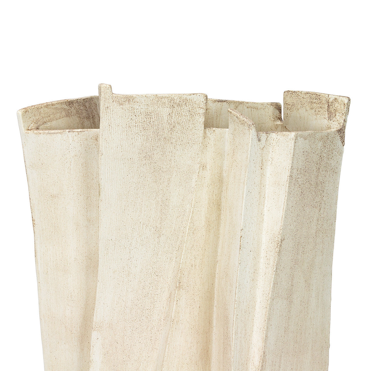 Modern sculptural vase in matte beige porcelain with folded ridges and rectangular form, styled as a standalone accent or with dried branches in minimalist interiors.