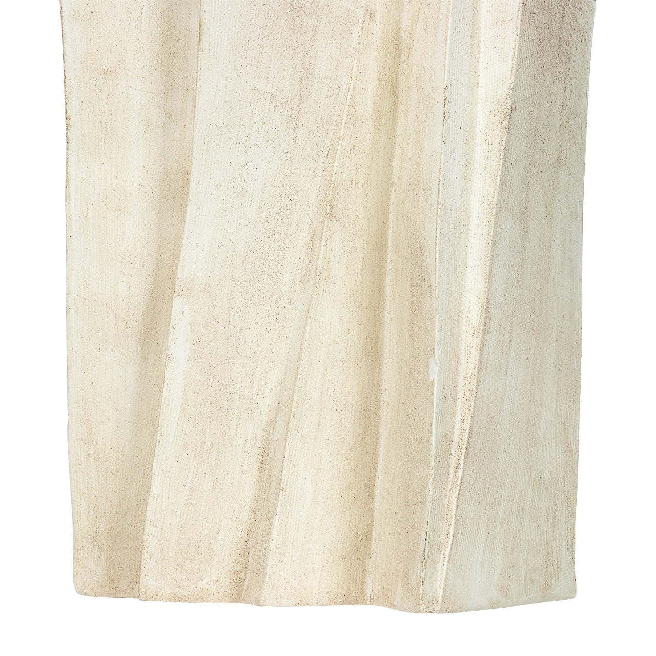 Modern sculptural vase in matte beige porcelain with folded ridges and rectangular form, styled as a standalone accent or with dried branches in minimalist interiors.