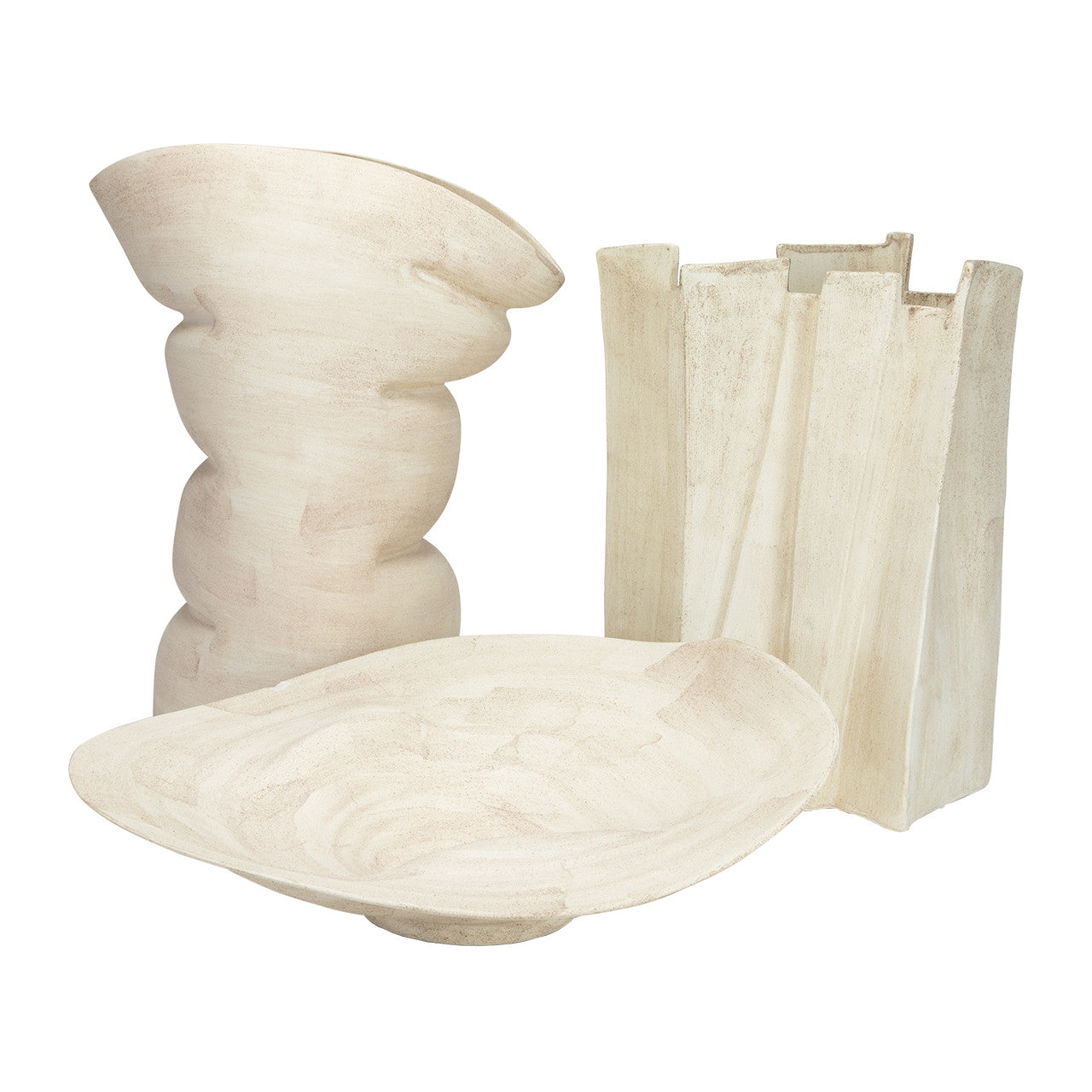 Modern sculptural vase in matte beige porcelain with folded ridges and rectangular form, styled as a standalone accent or with dried branches in minimalist interiors.