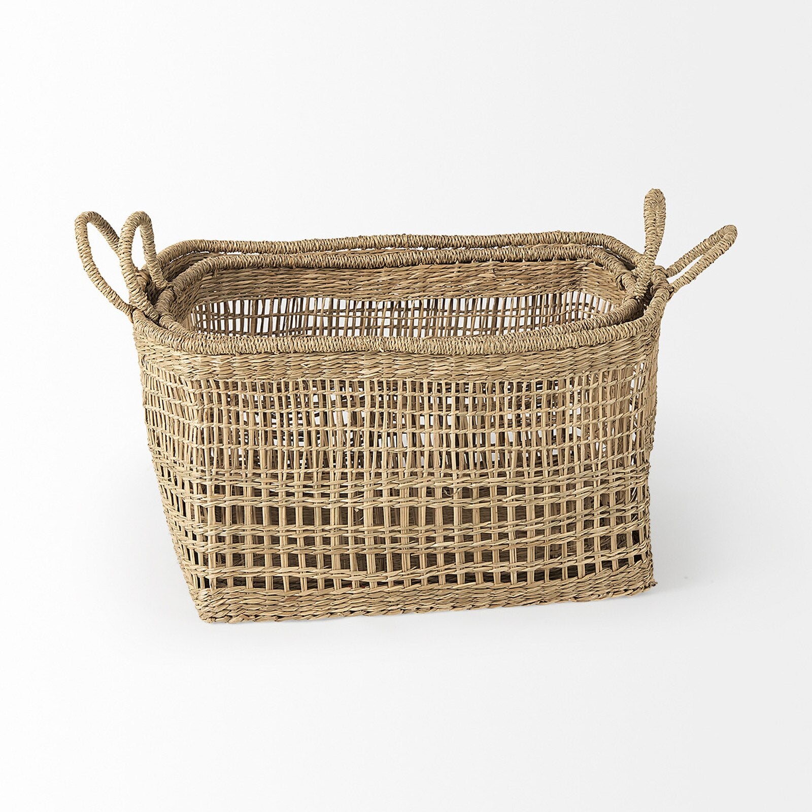Tulum Seagrass Baskets styled by sofa