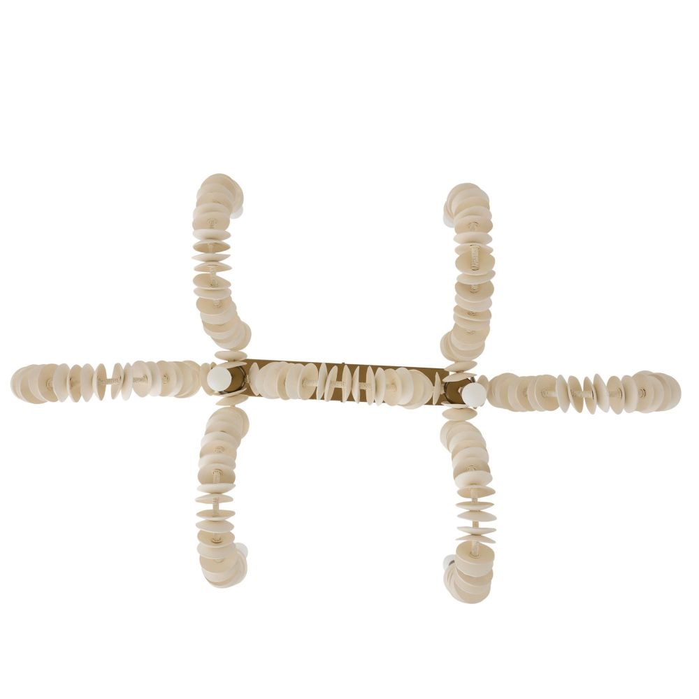 Ivory coconut shell chandelier with cascading strands and brass accents, offering sculptural coastal elegance for dining or entry spaces.