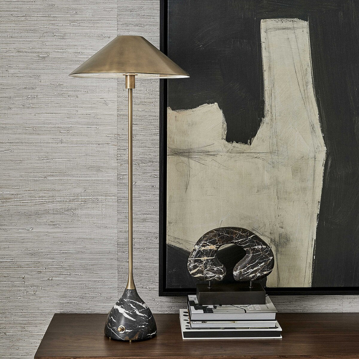 Umber Marble Buffet Lamp styled on a console, by Rachel Blindauer