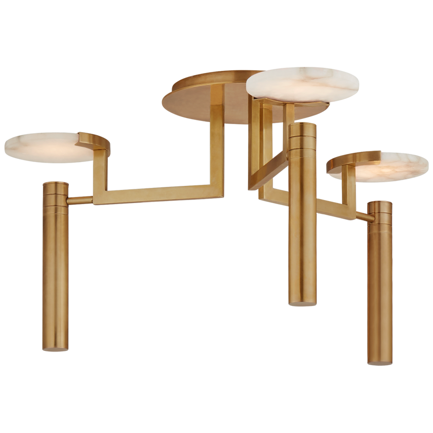Sculptural alabaster disc chandelier with warm LED glow and bronze metal frame, ideal for modern dining rooms, bedrooms, or library nooks.
