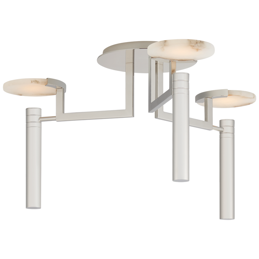 Sculptural alabaster disc chandelier with warm LED glow and bronze metal frame, ideal for modern dining rooms, bedrooms, or library nooks.