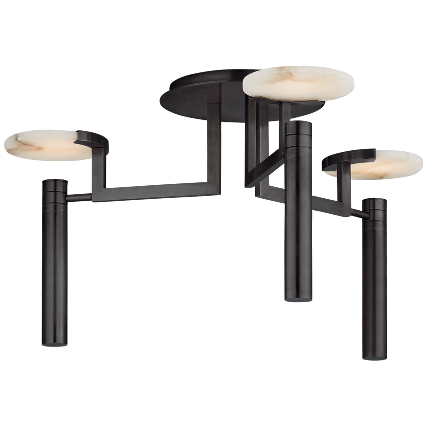 Sculptural alabaster disc chandelier with warm LED glow and bronze metal frame, ideal for modern dining rooms, bedrooms, or library nooks.