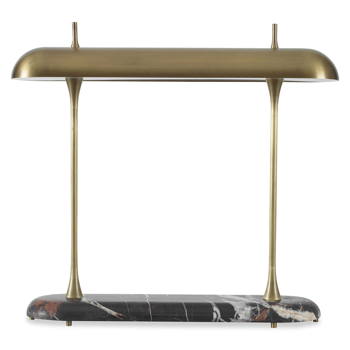 Vesper Marble Desk Lamp detail — flared marble columns piercing metal shade, by Rachel Blindauer