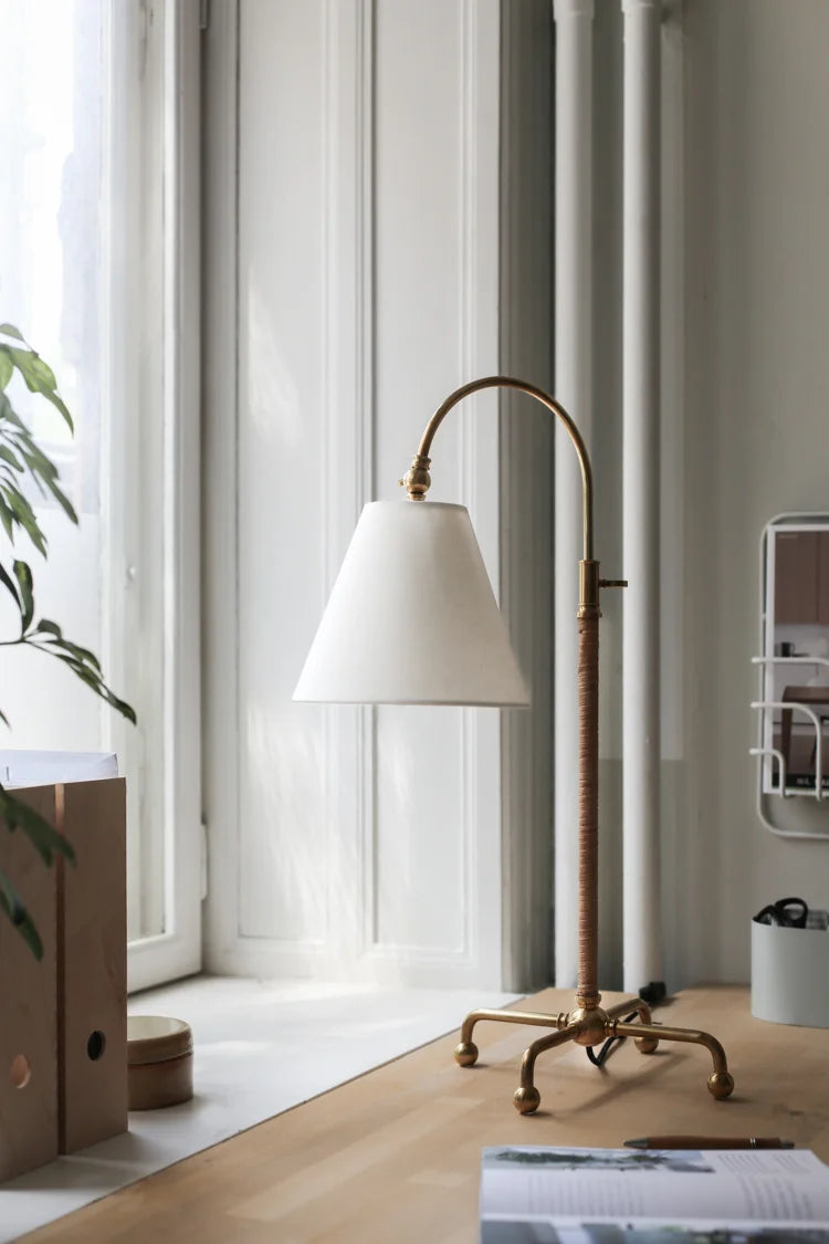Westcott Arc Table Lamp in Aged Brass & Linen