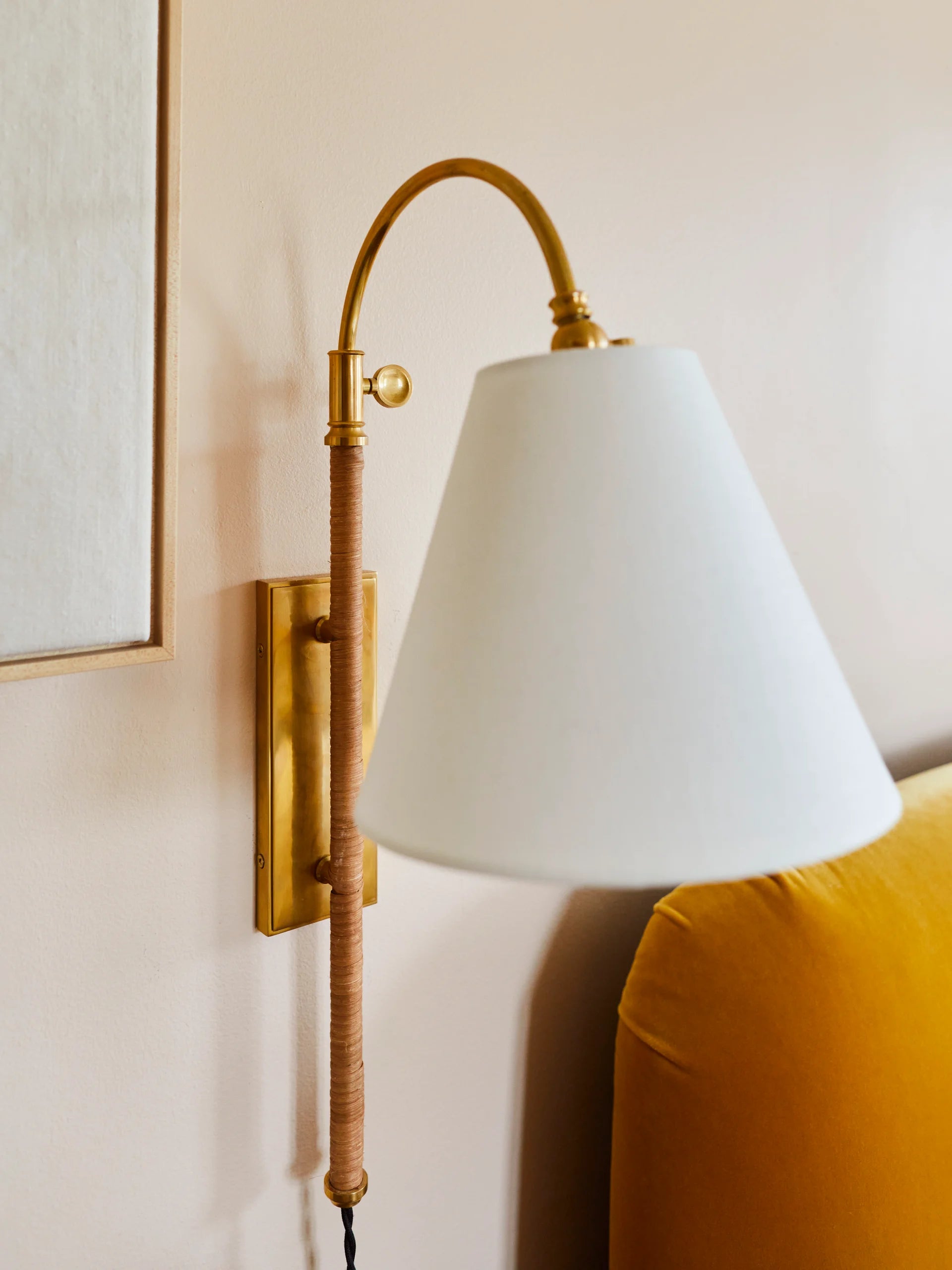 Westcott Arc Plug-In Wall Lamp in Aged Brass & Linen