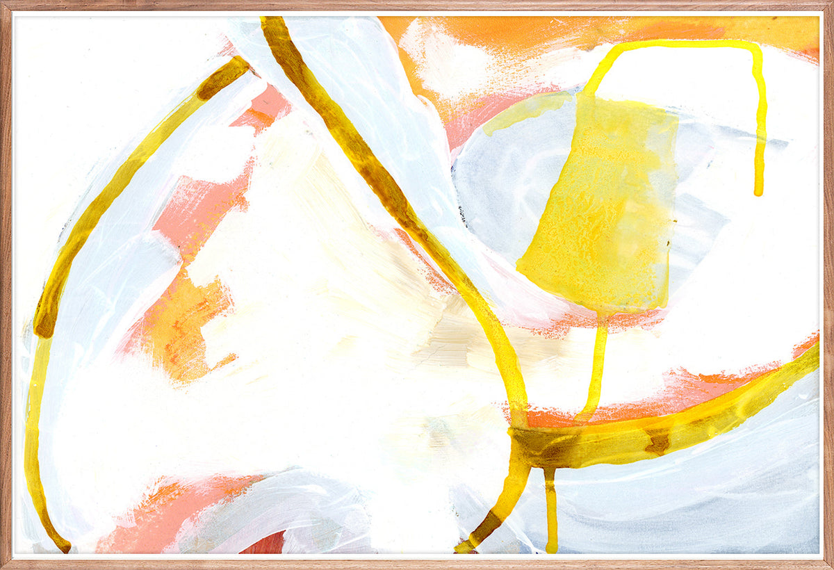 Golden Drift — abstract painting in mustard yellow, coral and pale blue washes