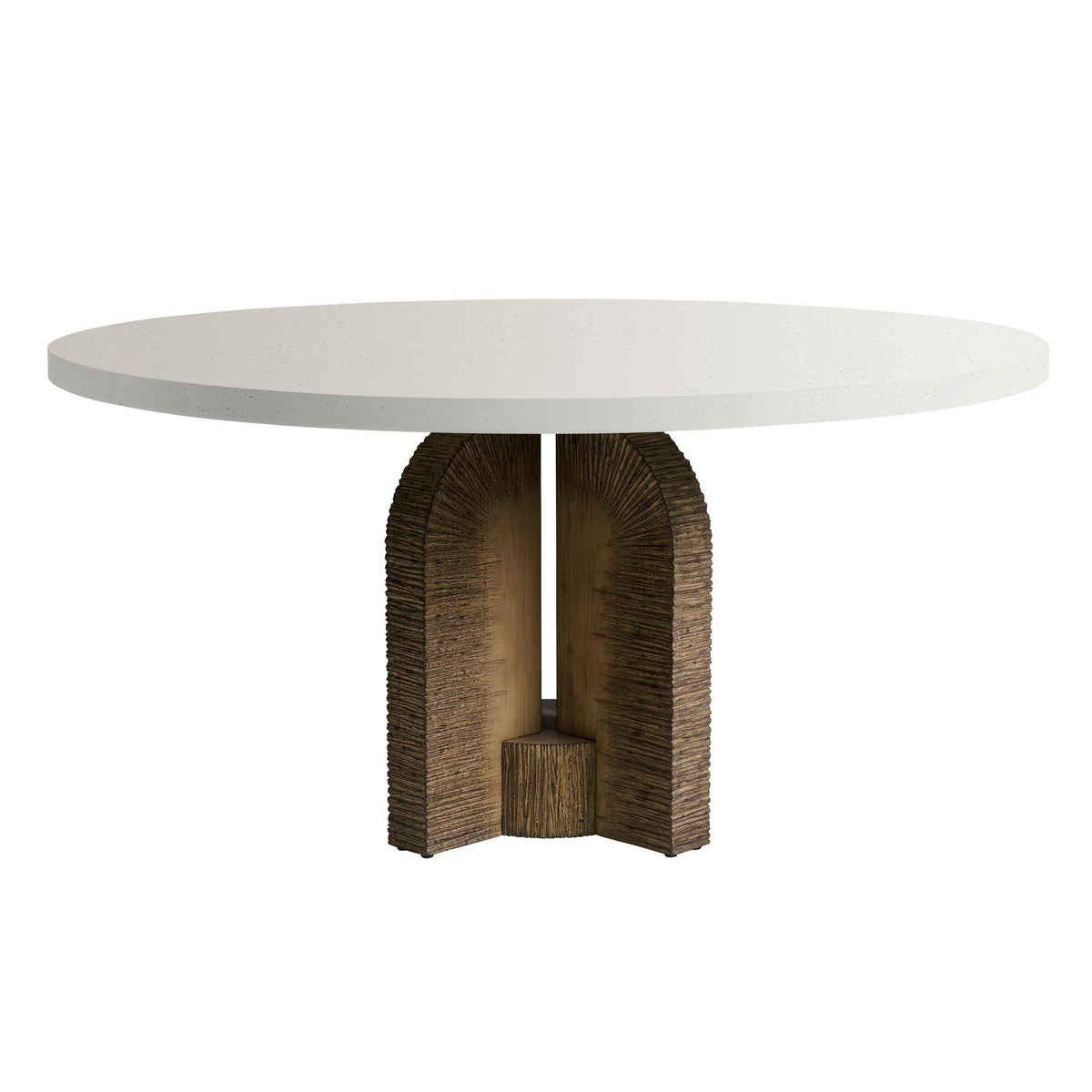 Arden round outdoor dining table with ivory top and carved pedestal base