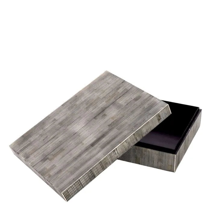 Cavendish Bone Mosaic Box styled on a console with books and sculpture