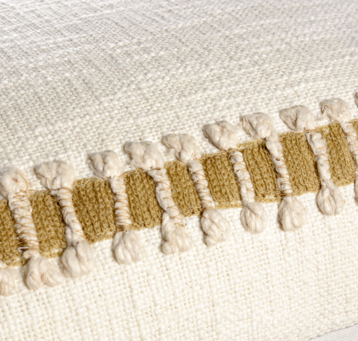 Detail of hand-guided ivory chainstitch embroidery
