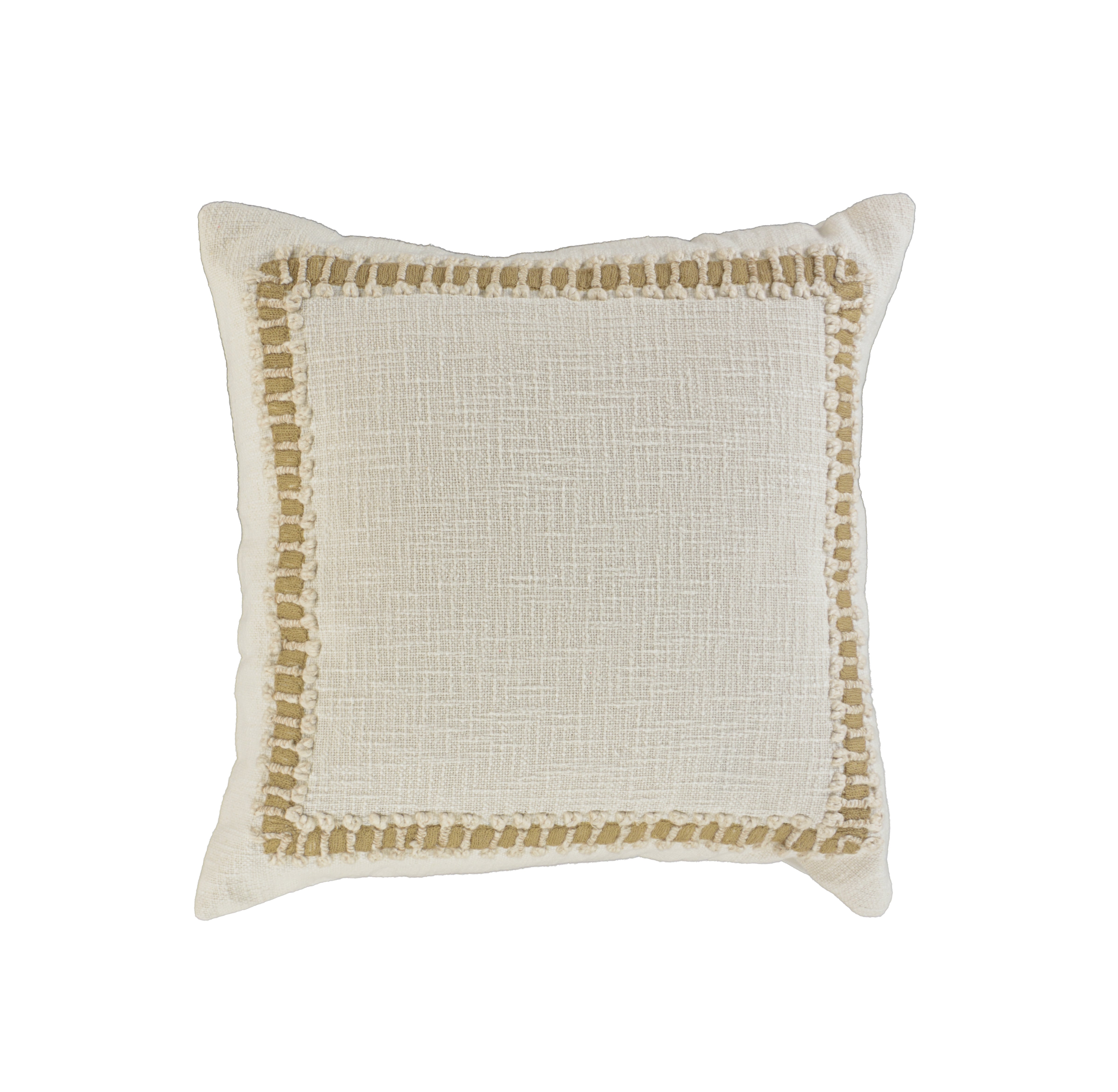 Chainstitch frame pillow in ivory textured cotton with tonal embroidered border, 20 inch square