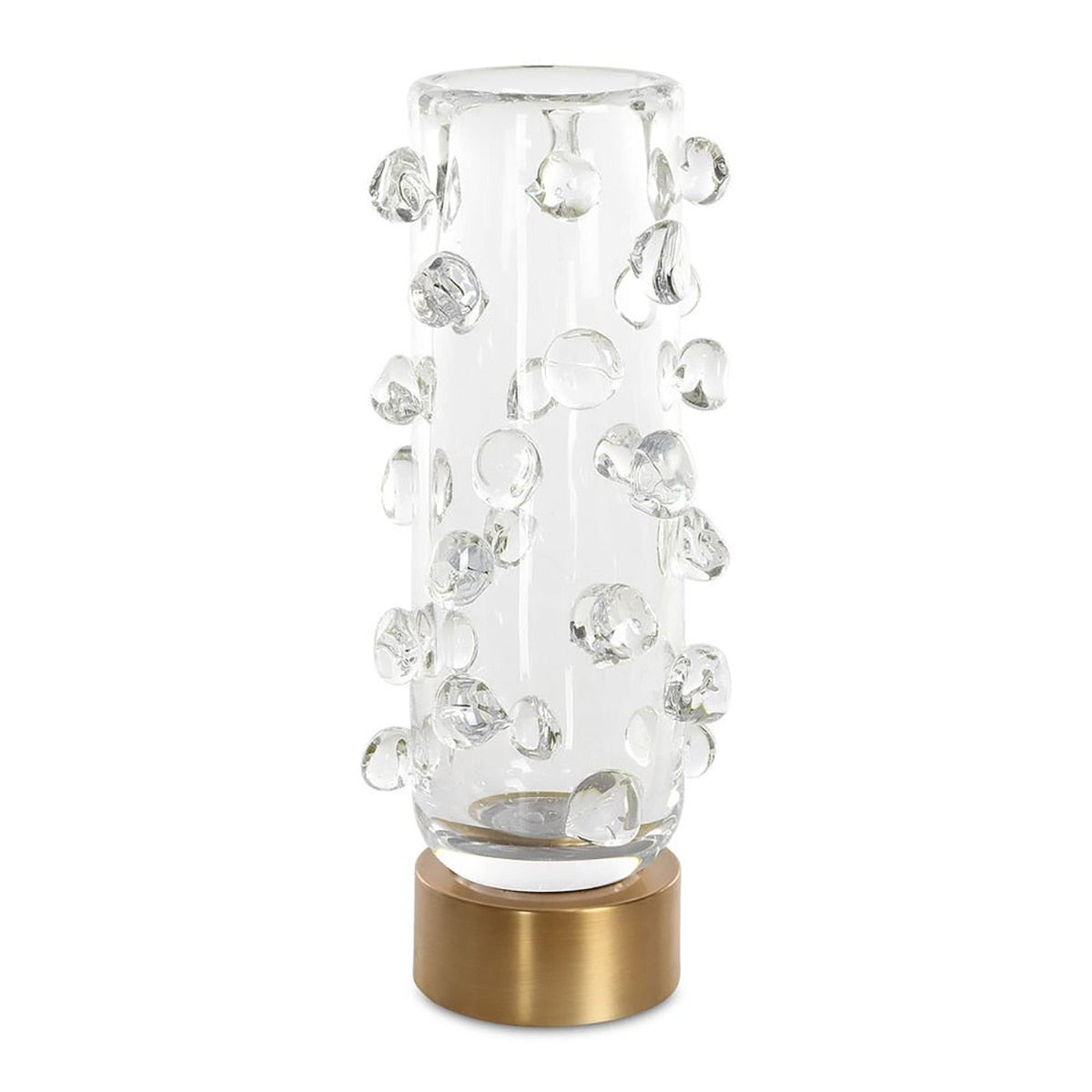 Crystal Droplet clear glass vase with organic glass droplets on a brushed brass base