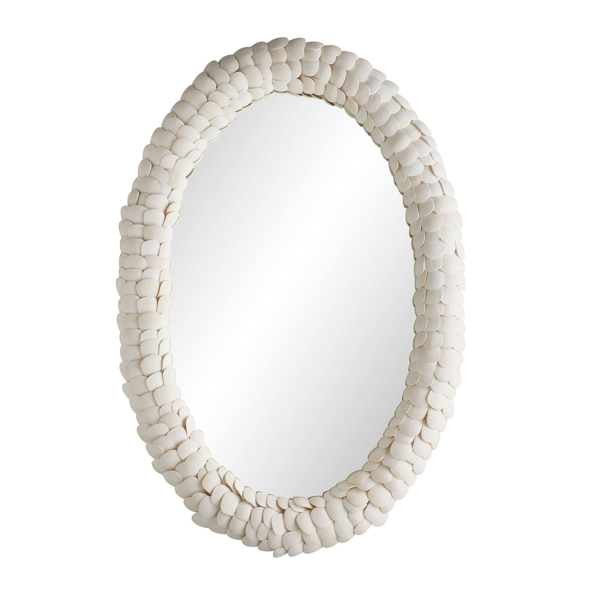 Isle oval statement mirror framed in hand-strung white coconut shell