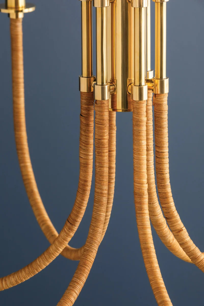 Close Up Marais Brass Chandelier with Sculptural Frame and handwoven rattan – Rachel Blindauer