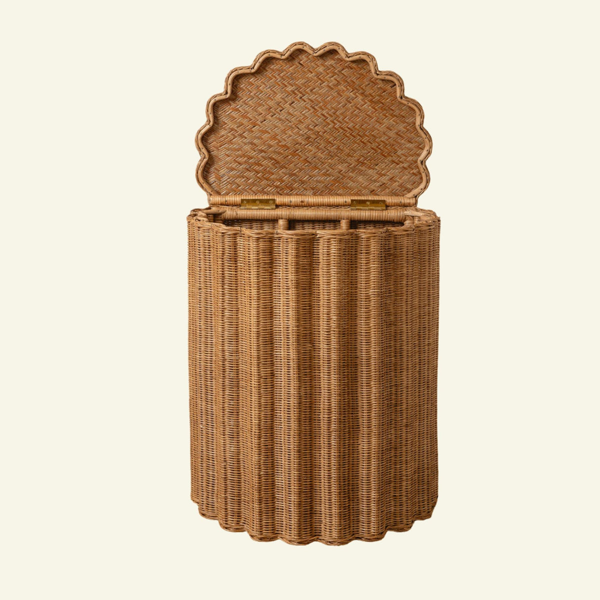 Marisol scalloped rattan nightstand basket in light oak with its scalloped lid open