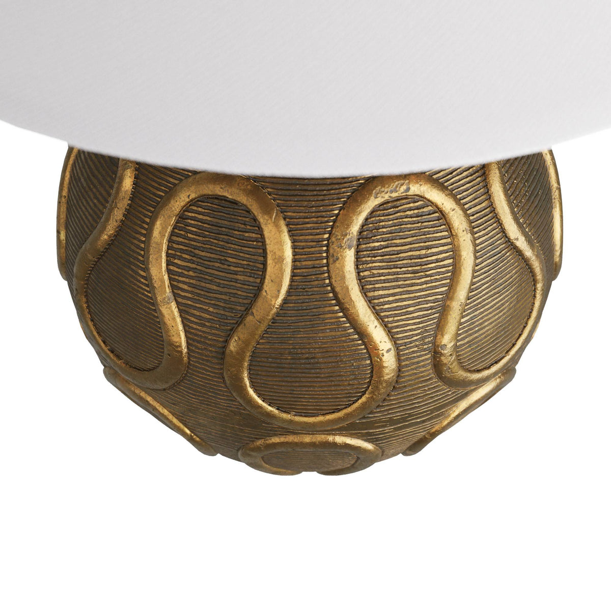 Vintage brass globe lamp base below the white shade