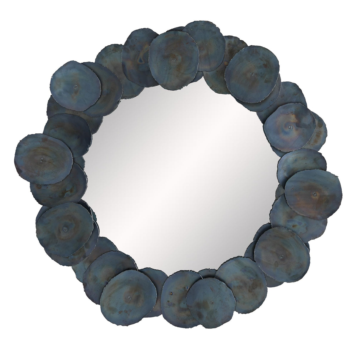 Oxide round mirror framed in hand-cut oxidized iron discs