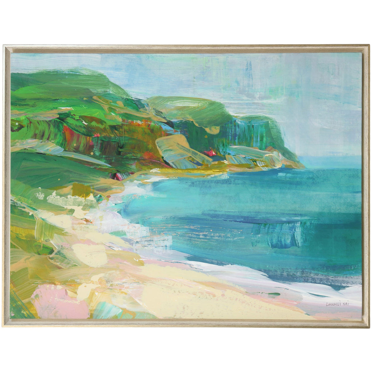 Painterly Beach framed and embellished canvas — coastal cove with green cliffs and turquoise water in a champagne-silver frame