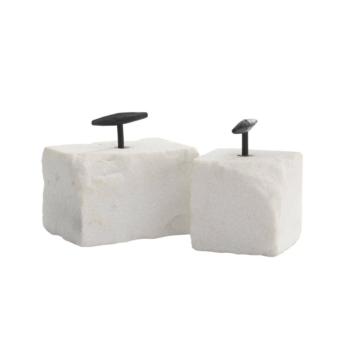 Quarry white marble bookends with dark metal handles, set of two